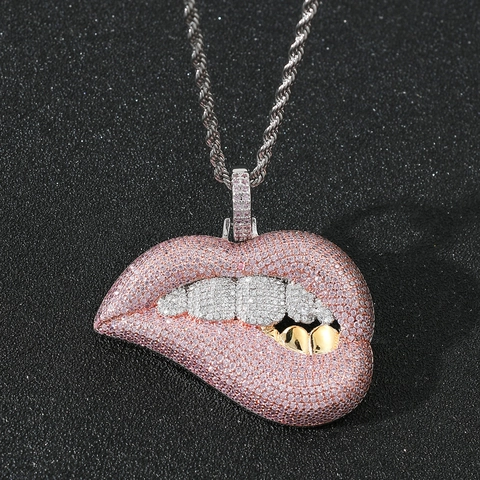 Collier Pendentif Lèvres Roses Hip Hop Micro Pavé de Zirconia Dents Grillz Or Pendentif en Cuivre Avec Chaîne Torsadée en Acier Inoxydable Bijoux de Mode Unisexe
