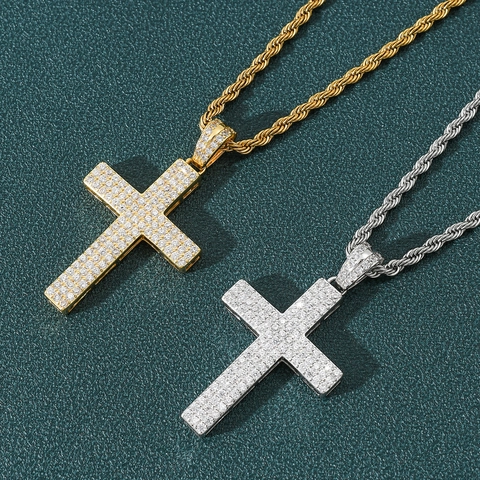 Men Hip Hop Cross Pendant Necklace Copper With 5A Cubic Zirconia Inlaid Gold Silver Plated Rope Chain Iced Out Jewelry