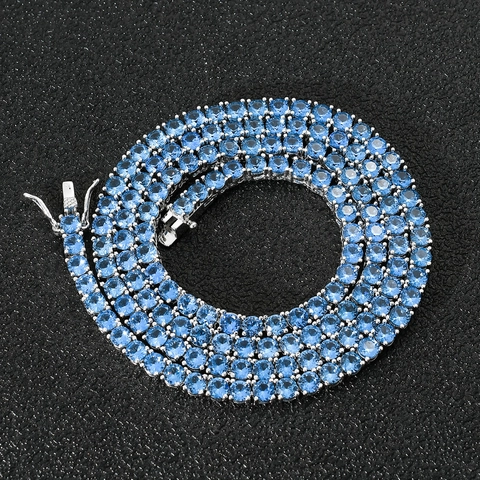 Collier Chaîne de Tennis Hip Hop Cuivre Micro-Incrusté Zirconia Plaqué Or Véritable Coupe Ronde Strass Bleu Bijoux Homme Femme