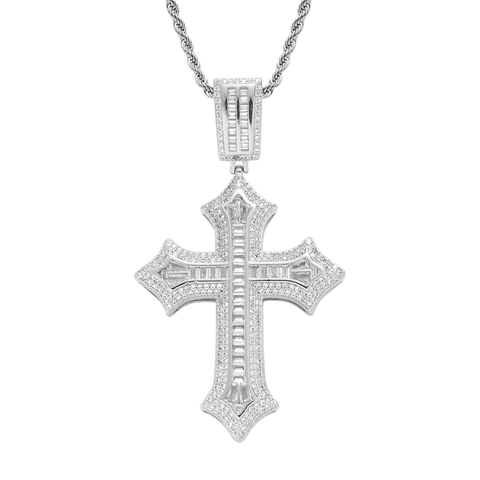 Hip Hop Cross Pendant Necklace Iced Out Baguette Cubic Zirconia Men Jewelry Copper Gold Silver Plated Rope Chain Accessory