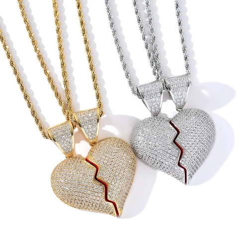 Hip Hop Iced Out Broken Heart Pendant Necklace Copper Zirconia Magnetic Splicing Couple Jewelry For Men Women Gift