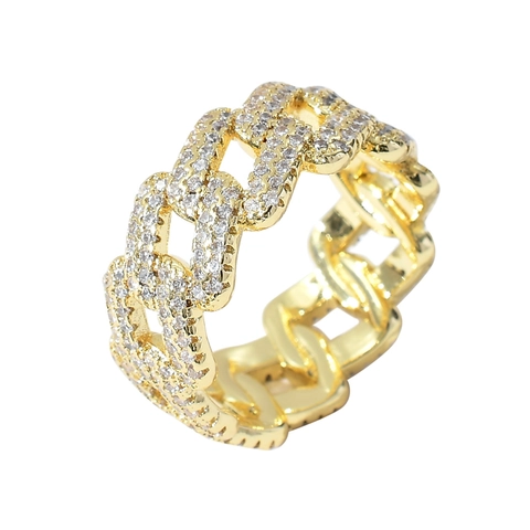 Anello a Maglia Cubana Hip Hop da Uomo Rame con Micro Intarsio di Zirconia Oro Argento Anello a Catena Larga Gioielli