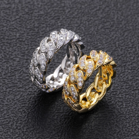 Hip Hop Cuban Link Ring Micro Pave Cubic Zirconia Iced Out Copper Gold Silver Plated Fashion Ring For Men Women