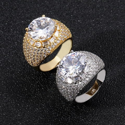 Hip Hop Herren Kupfer Ring Große Runde Zirkonia Eingelegt Breite Band Gold Silber Überzogen Iced Out Schmuck Herren Ring