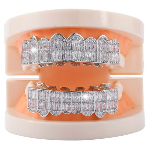 Hip Hop Iced Out Baguette Zirconia Dental Grills Set Copper Real Gold Plated Teeth Grills For Men Women Party Jewelry Accessory