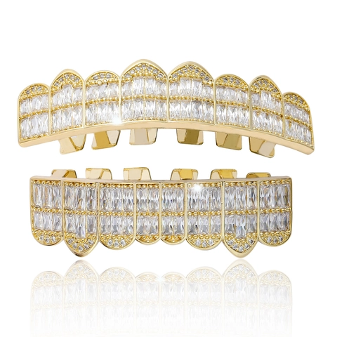 Hip Hop Iced Out Baguette Zirconia Dental Grills Set Copper Real Gold Plated Teeth Grills For Men Women Party Jewelry Accessory