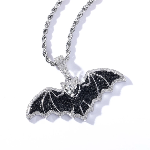 Collana con Pendente a Pipistrello Gotico Hip Hop Iced Out Zirconia Nera Gioielli in Ottone Con Catena a Corda in Acciaio Inossidabile