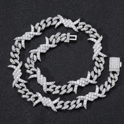 Collana a Maglia Cubana con Filo Spinato Hip Hop in Rame con Zirconia Gioielli Iced Out per Uomo Donna Placcato Oro Argento