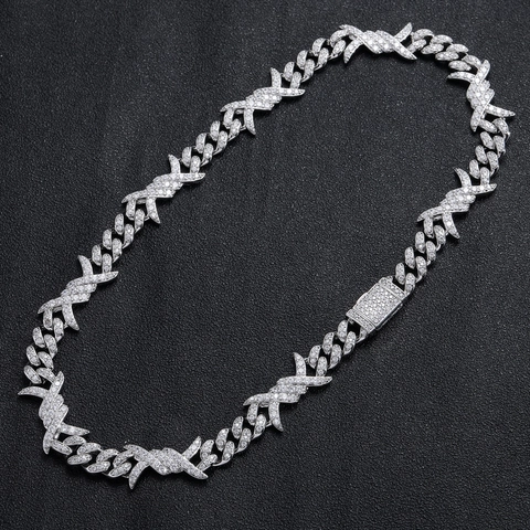 Collana a Maglia Cubana con Filo Spinato Hip Hop in Rame con Zirconia Gioielli Iced Out per Uomo Donna Placcato Oro Argento