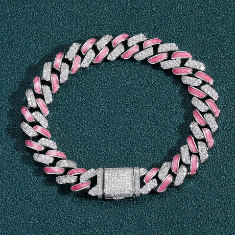Bracciale Maglia Cubana Hip Hop Iced Out Rame Zircone Rosa Smalto Catena Gioielli per Uomo Donna Moda Strada Braccialetto