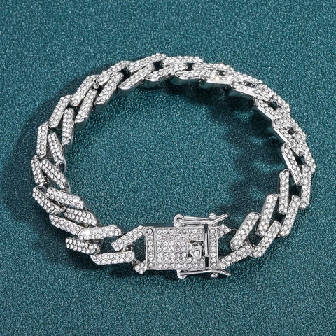 Bracciale a Maglia Cubana da Uomo Hip Hop in Lega con Strass Gioielli Iced Out Accessorio Streetwear Oro Argento