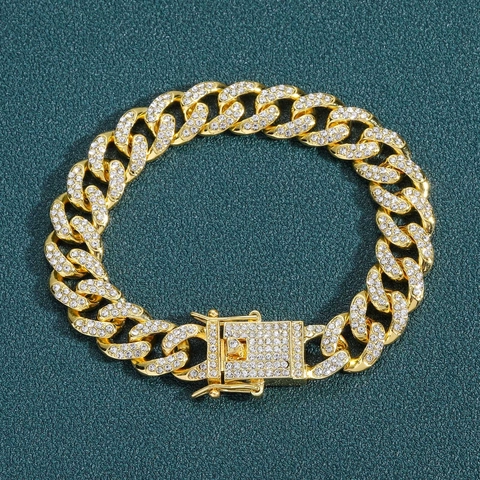 Bracciale Hip Hop Maglia Cubana con Strass 13 Lega Streetwear Gioielli per Uomo Oro Argento Braccialetto Trendy Scintillante