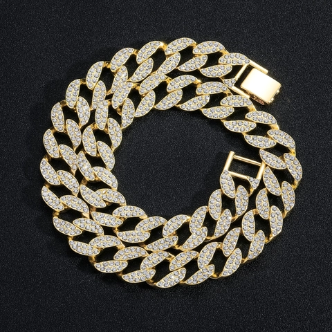 Men's Hip Hop Full Rhinestone Cuban Link Chain Alloy Necklace Gold Silver Plated Fashion Iced Out Jewelry For Men