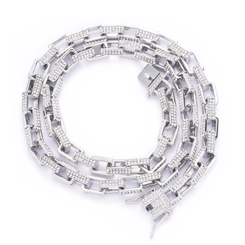 Hip Hop Men Alloy Rhinestone Square Box Link Chain Necklace Iced Out Pave Necklace Gold Silver Color Urban Streetwear Jewelry Gift
