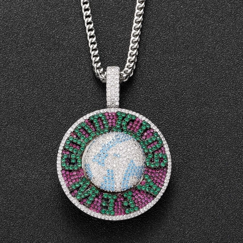 Collana con Ciondolo a Forma di Globo Mappa del Mondo Rotante Hip Hop in Rame Zirconia Argento Iced Out Gioielli Streetwear per Uomo