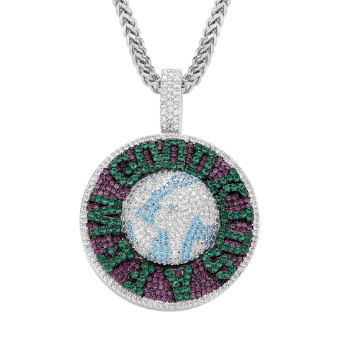 Collana con Ciondolo a Forma di Globo Mappa del Mondo Rotante Hip Hop in Rame Zirconia Argento Iced Out Gioielli Streetwear per Uomo
