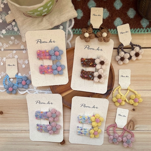 Handmade Woolen Yarn Flower Hair Clips And Hair Ties For Girls Korean Sweet Crochet Floral Bangs Side Clip Hair Accessories