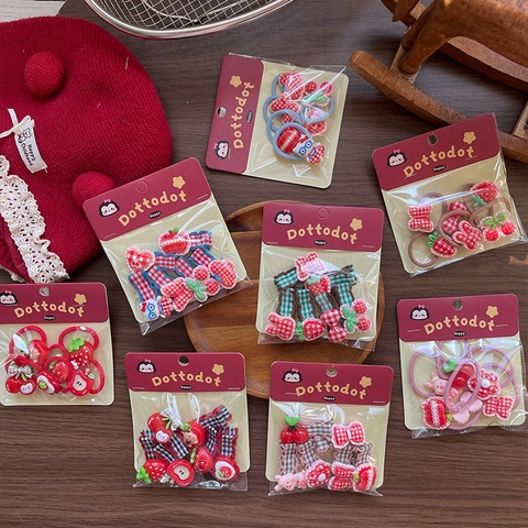 Set di Fermagli per Capelli ed Elastici per Bambini in Stile Coreano Motivo a Quadretti Frutta Orso Accessori per Capelli