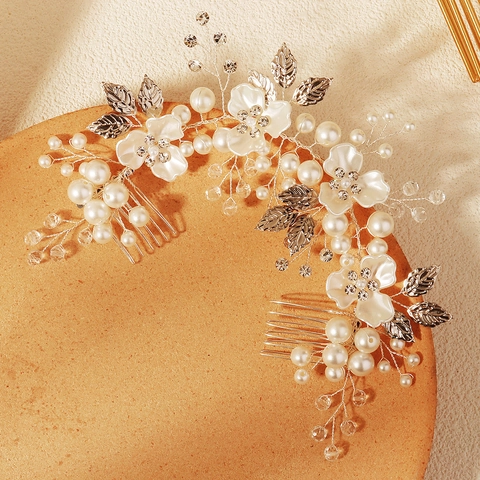 Pettine per Capelli da Sposa Fatto a Mano Foglia Argento Fiore Bianco Perla Artificiale Strass Copricapo per Matrimonio Donna