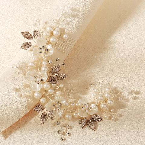 Pettine per Capelli da Sposa Fatto a Mano Foglia Argento Fiore Bianco Perla Artificiale Strass Copricapo per Matrimonio Donna