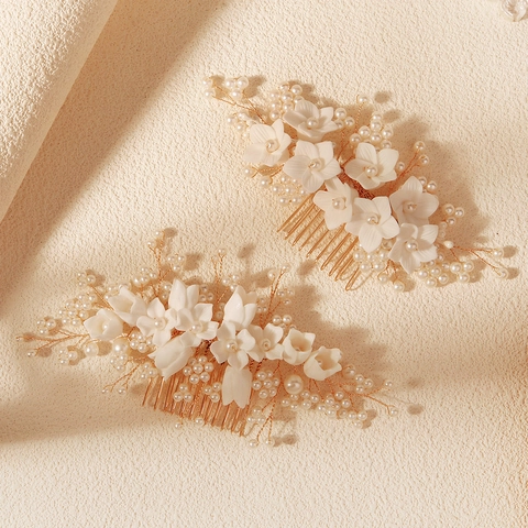 Pettine per Capelli Sposa Vintage a Fiori Fatto a Mano con Perle Artificiali Accessori per Capelli Matrimonio Bianco Oro