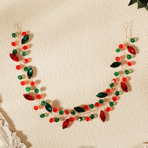 Vigne de Cheveux en Strass Rouge et Vert de Noël Serre-tête Floral Fait à la Main en Fil d'Or pour Fête Femme Performance Accessoires