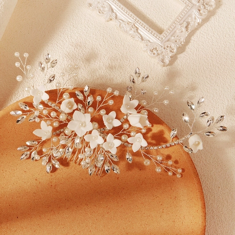 Pettine per Capelli da Sposa Fatto a Mano Fiori di Ceramica Bianca Lega Strass Perle Artificiali Gioielli Matrimonio Donna