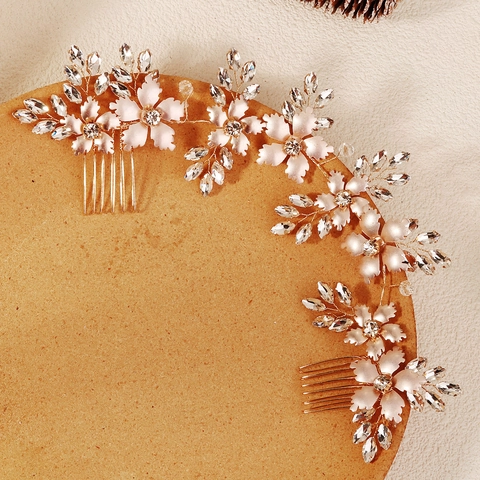 Fascia per Capelli da Sposa Fatta a Mano con Fiori e Foglie in Oro Rosa Vite per Capelli in Metallo con Strass Matrimonio Gioielli