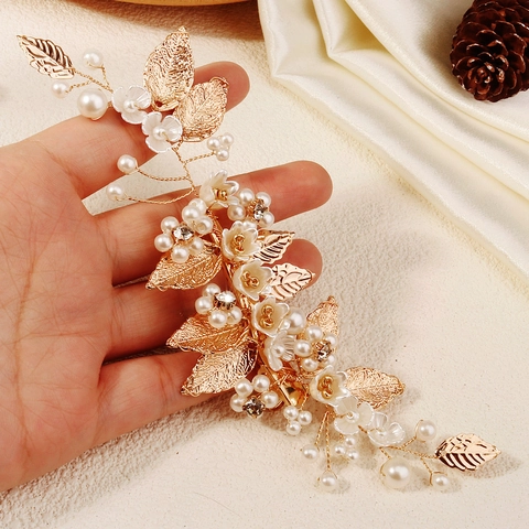 Fermaglio per Capelli con Foglia d'Oro e Perle Artificiali Fatto a Mano per Donna Sposa Fiore Strass Accessorio