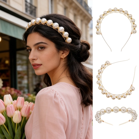 Cerchietto con Perle Artificiali Oversize Retrò Francese Con Montatura in Lega Dorata Accenti in Strass Fatto a Mano Accessori Capelli Donna Matrimonio Festa