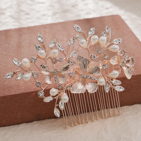 Pettine per Capelli da Sposa Elegante in Lega con Strass e Perla Artificiale Farfalla Floreale Copricapo Festa Matrimonio Gioielli per Donna