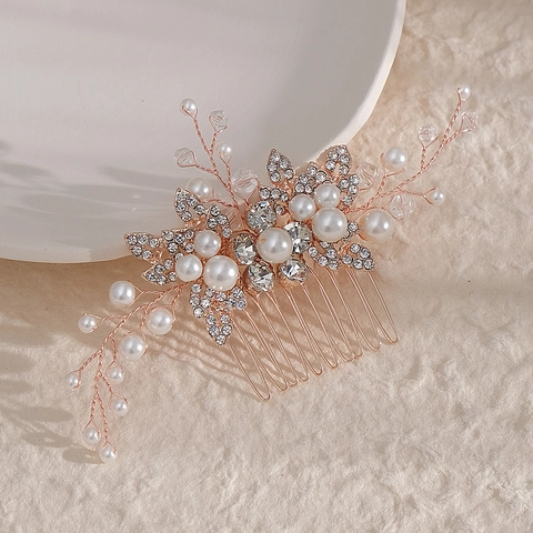 Peine para el Cabello de Novia Hecho a Mano Con Aleación Diamante de Imitación y Perla Artificial Floral Hoja Boda Fiesta Accesorios Cabello Mujer