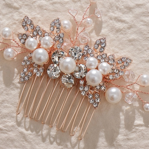 Peine para el Cabello de Novia Hecho a Mano Con Aleación Diamante de Imitación y Perla Artificial Floral Hoja Boda Fiesta Accesorios Cabello Mujer