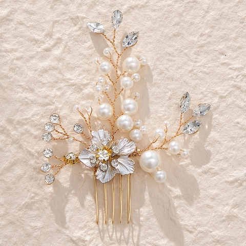 Pettine per Capelli da Sposa Fatto a Mano Con Perle Artificiali Strass Fiore Oro Lega Gioielli per Capelli Matrimonio Donna