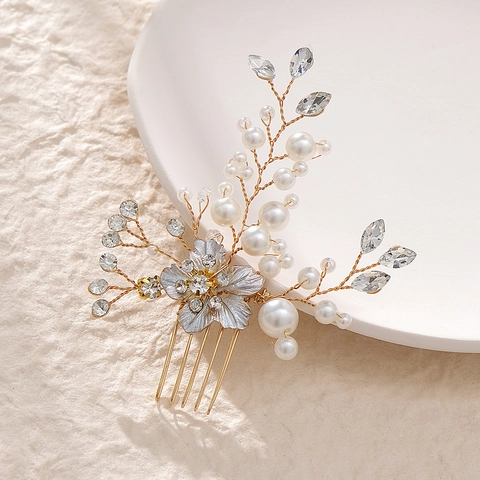 Pettine per Capelli da Sposa Fatto a Mano Con Perle Artificiali Strass Fiore Oro Lega Gioielli per Capelli Matrimonio Donna