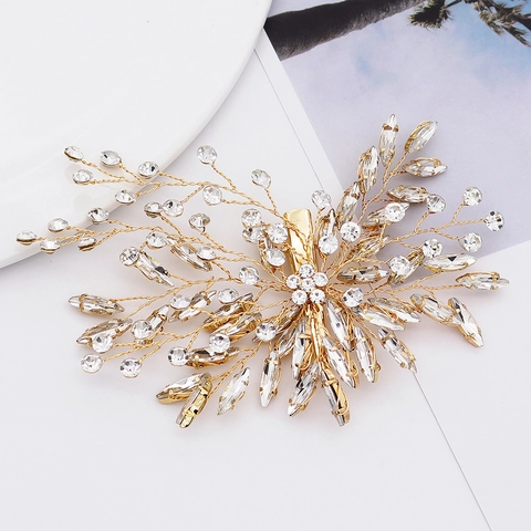 Pinza de Pelo de Novia Hecha a Mano con Diamantes de Imitación Hoja Flor Oro Alambre de Cobre Joyas para el Cabello Mujer