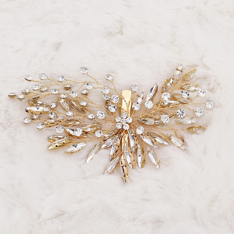 Pinza de Pelo de Novia Hecha a Mano con Diamantes de Imitación Hoja Flor Oro Alambre de Cobre Joyas para el Cabello Mujer