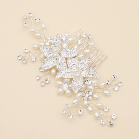 Elegante Pettine per Capelli in Lega Floreale per Sposa Con Perle Artificiali e Strass Argento Matrimonio Donna Gioielli