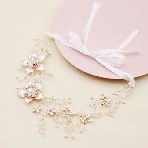 Elegante Fascia da Sposa Floreale in Lega Fatta a Mano Con Perla Artificiale e Strass Vite per Capelli a Fiori Oro per Matrimonio