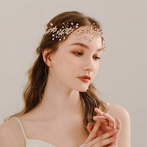 Fascia per Capelli da Sposa Fatta a Mano con Strass Künstliche Perle d'Imitazione Foglia in Lega Cristallo Accessori per Matrimonio Donna Festa