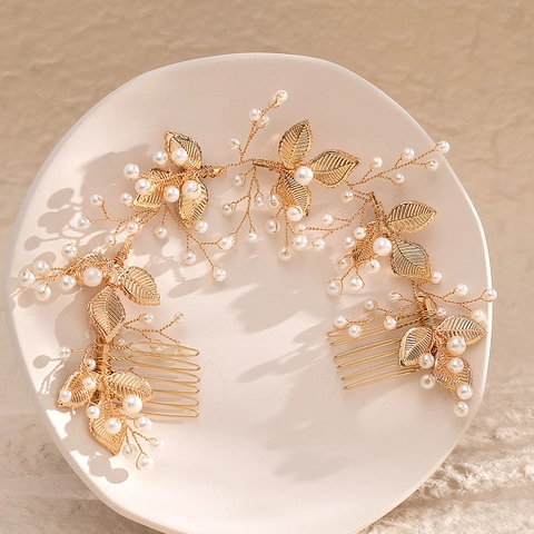 Elegante Handgemaakte Legering Blad Haarkam Met Imitatie Kunstparel Bruiloft Bruids Haaraccessoires Goud Zilver Voor Vrouwen Sieraden