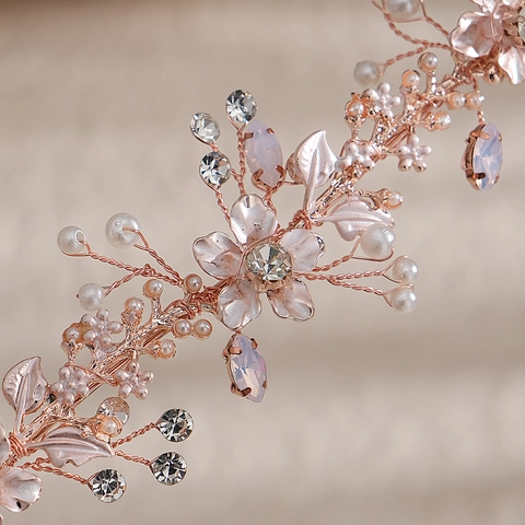 Fascia per Capelli Sposa in Künstliche Perle Fatta a Mano per Donna Oro Rosa Oro Fiore di Metallo Vigna per Capelli Strass