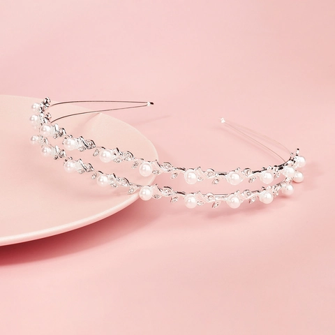Elegante Cerchietto con Künstliche Perle a Strati Argento Lega Foglia Strass Cerchietto per Capelli Sposa Matrimonio Accessori Donna Gioielli