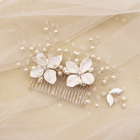 Pettine per Capelli da Sposa Fatto a Mano Fiori Bianchi Künstliche Perle Strass Lega Cristallo Accessori per Capelli Matrimonio Donna