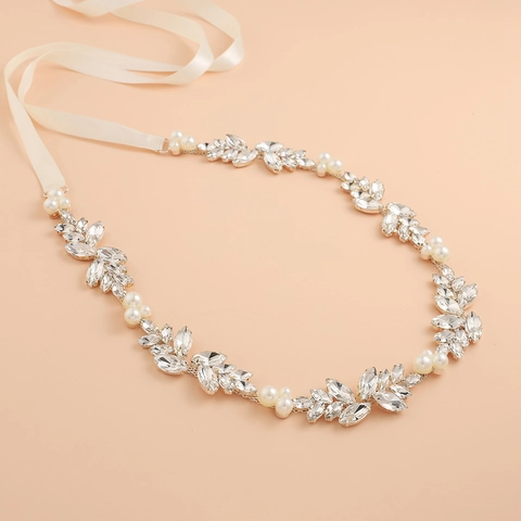 Elegante Cintura da Sposa con Strass e Künstliche Perle Catena da Vita in Metallo Argento Foglia per Abito da Sposa Festa Donna