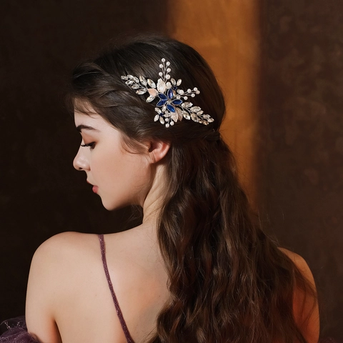 Pettine per Capelli Floreale Fatto a Mano Vintage Con Strass Blu Bianchi e Perla Artificiale per Matrimonio Sposa Gioielli
