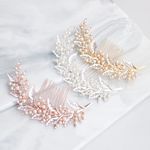Pettine per Capelli da Sposa in Lega Vintage con Perle Artificiali Design a Foglia Strass Cavo per Matrimonio Banchetto Gioielli da Donna