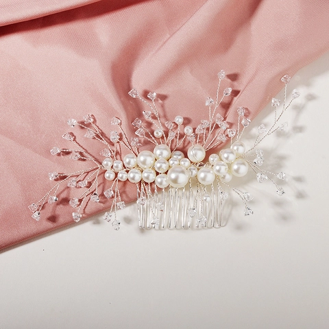 Peine De Pelo De Novia Hecho A Mano Con Perla Artificial Y Cristal Elegante Flor De Boda Accesorios Para El Cabello Peineta Plateada Para Mujer Joyería