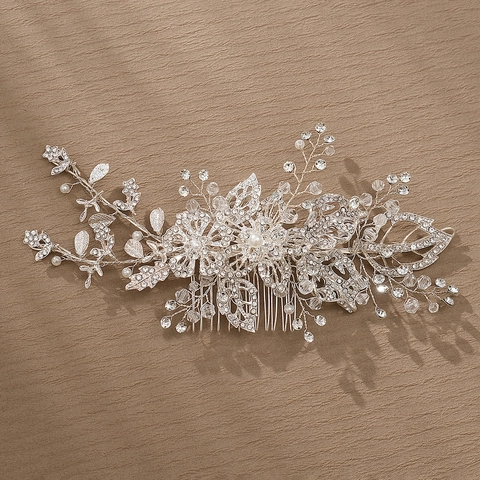 Peineta de Novia Hecha a Mano Diseño de Flor y Hoja de Aleación Con Cristales Diamantes de Imitación y Perlas Artificiales Boda Banquete Mujer Joyería