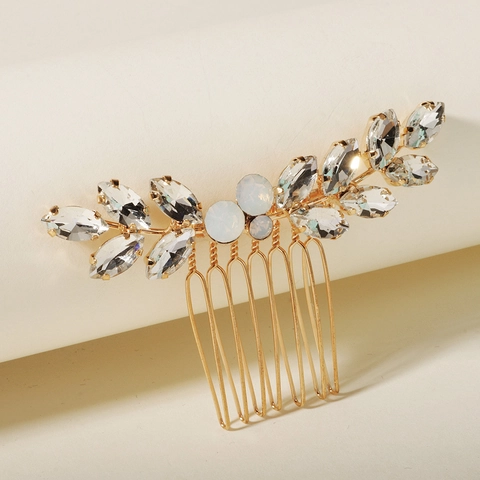 Peigne à Cheveux Feuille en Alliage d'Or Vintage Élégant Épingle à Cheveux de Mariage en Strass Coiffe pour Femme Bijoux